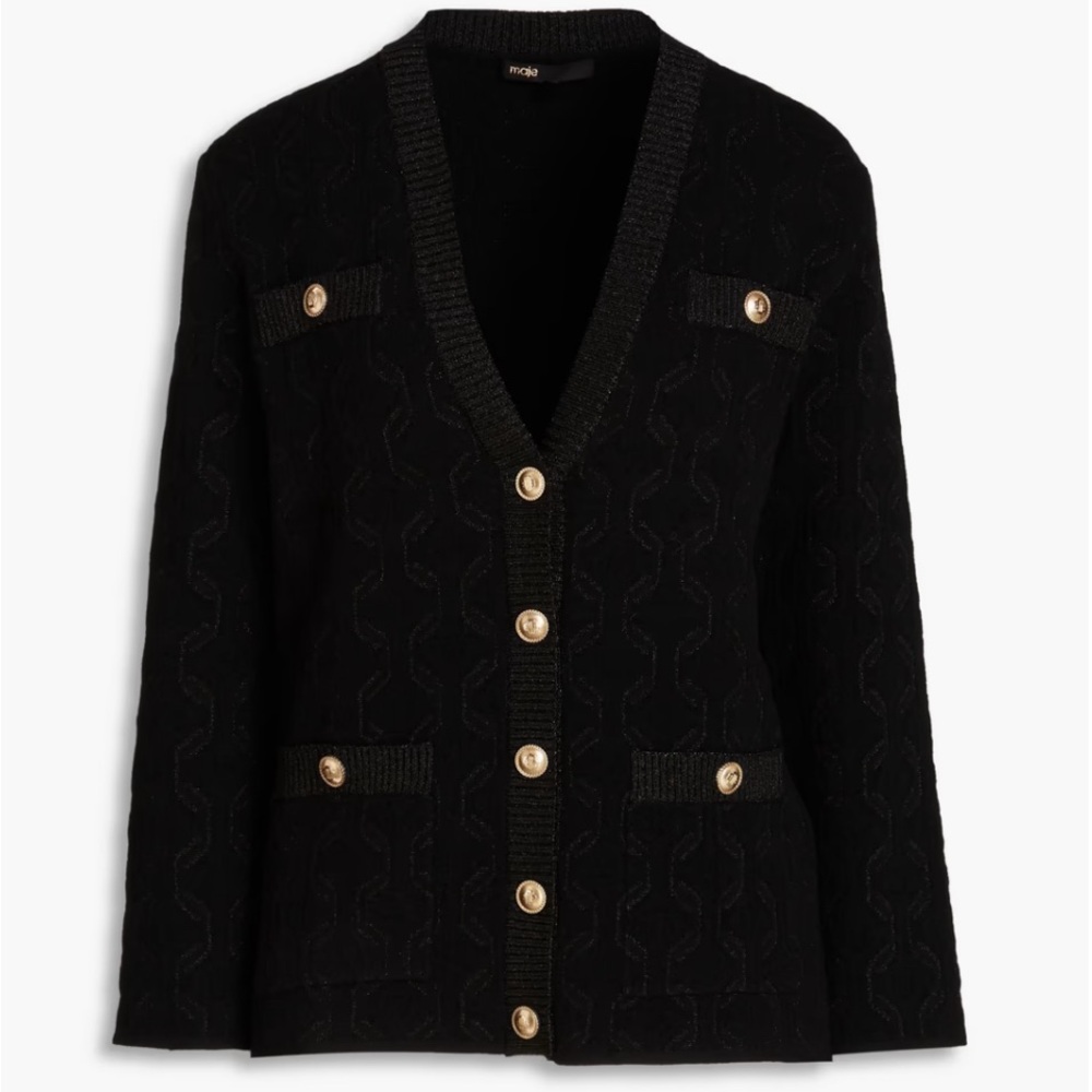 MAJE Jacquard-knit Cardigan. BRAND NEW! Size 8 US (size 3 Asia). Black metallic.